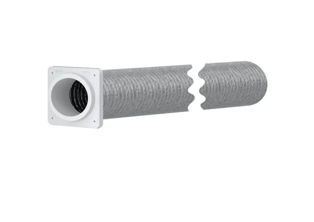 Ein silbernes flexibles STIEBEL ELTRON Luftführungsrohr LSWP 315-3,0 FHH mit weißem Schnelladapter auf weißem Hintergrund.